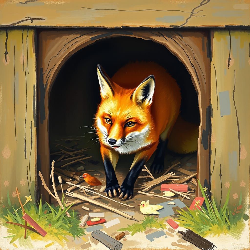 Fox Sneaking into Henhouse as Impressionist Painting