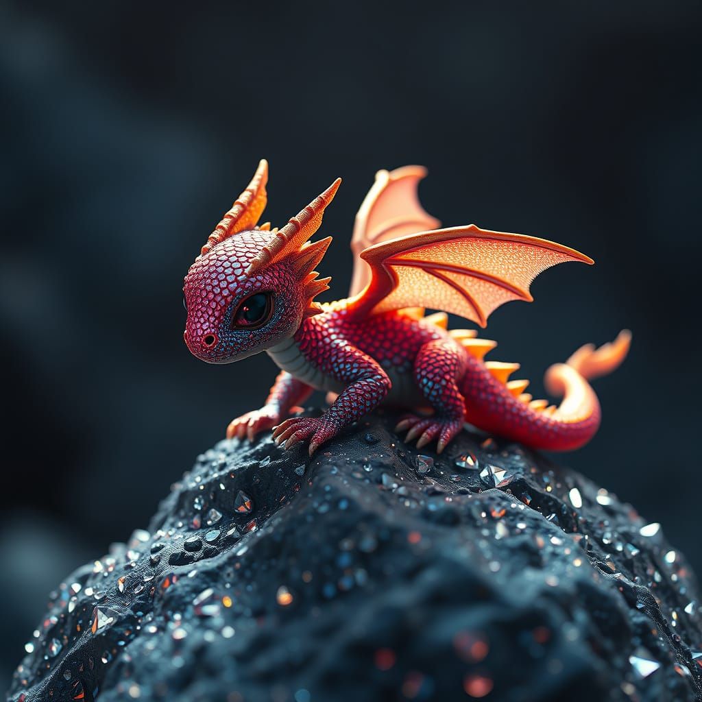 Miniature Dragon on Diamond Rock, Hyperrealistic Image