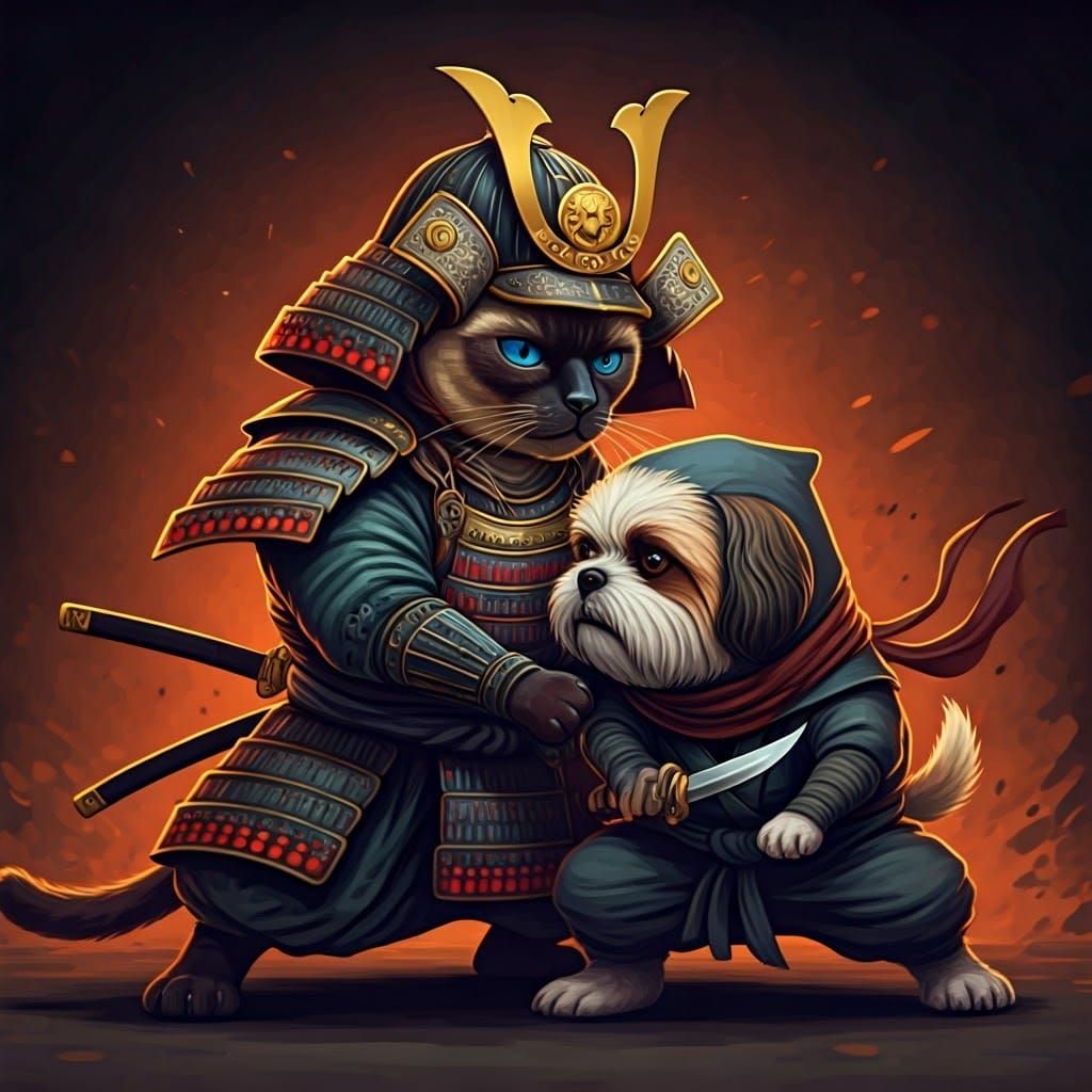 Samurai Cat vs Ninja Dog in Comic Book Style