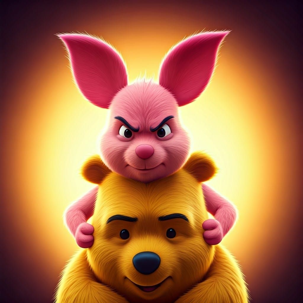 Piglet Shields Pooh Bear with Determined Expression