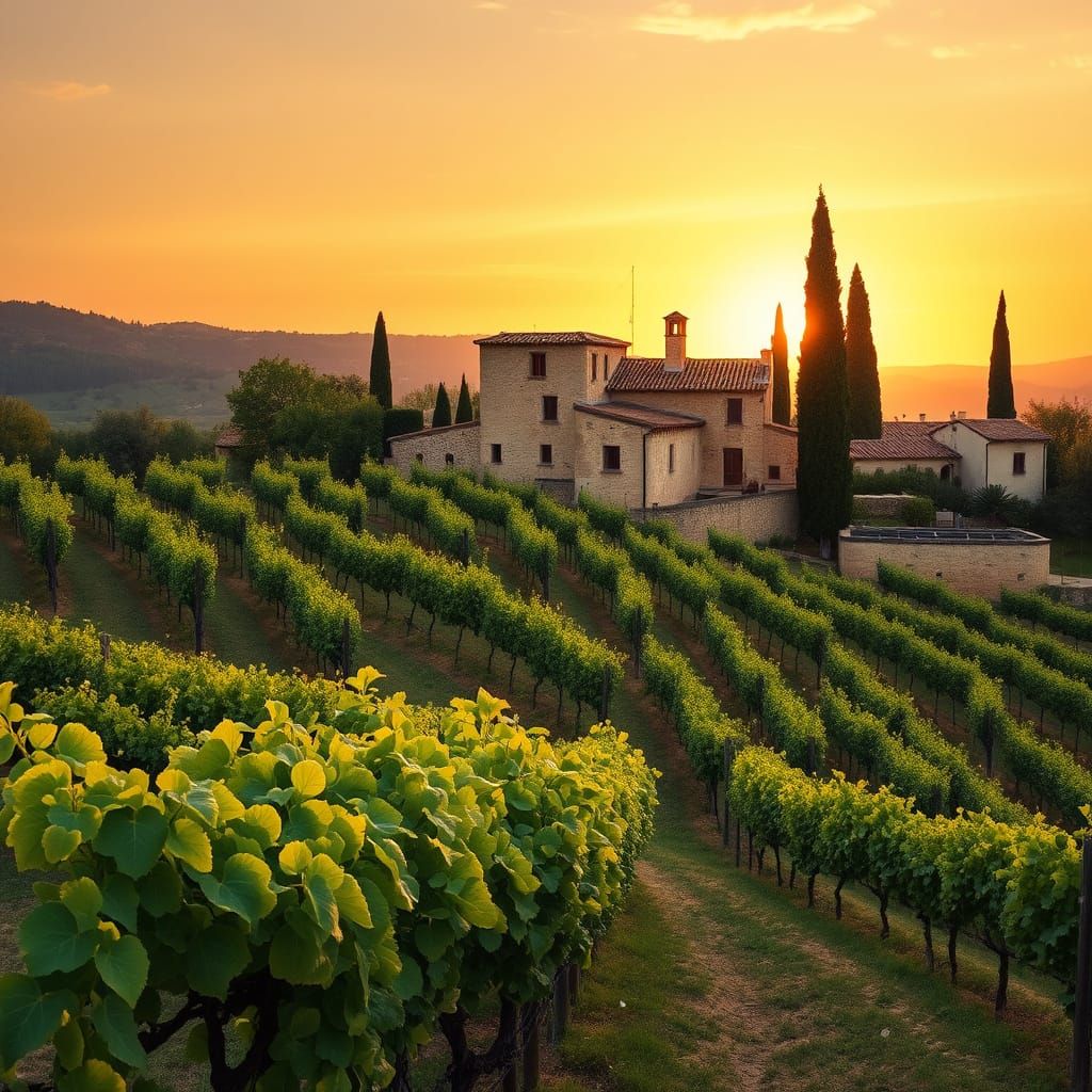 Surreal Mediterranean Vineyard Landscape at Sunset