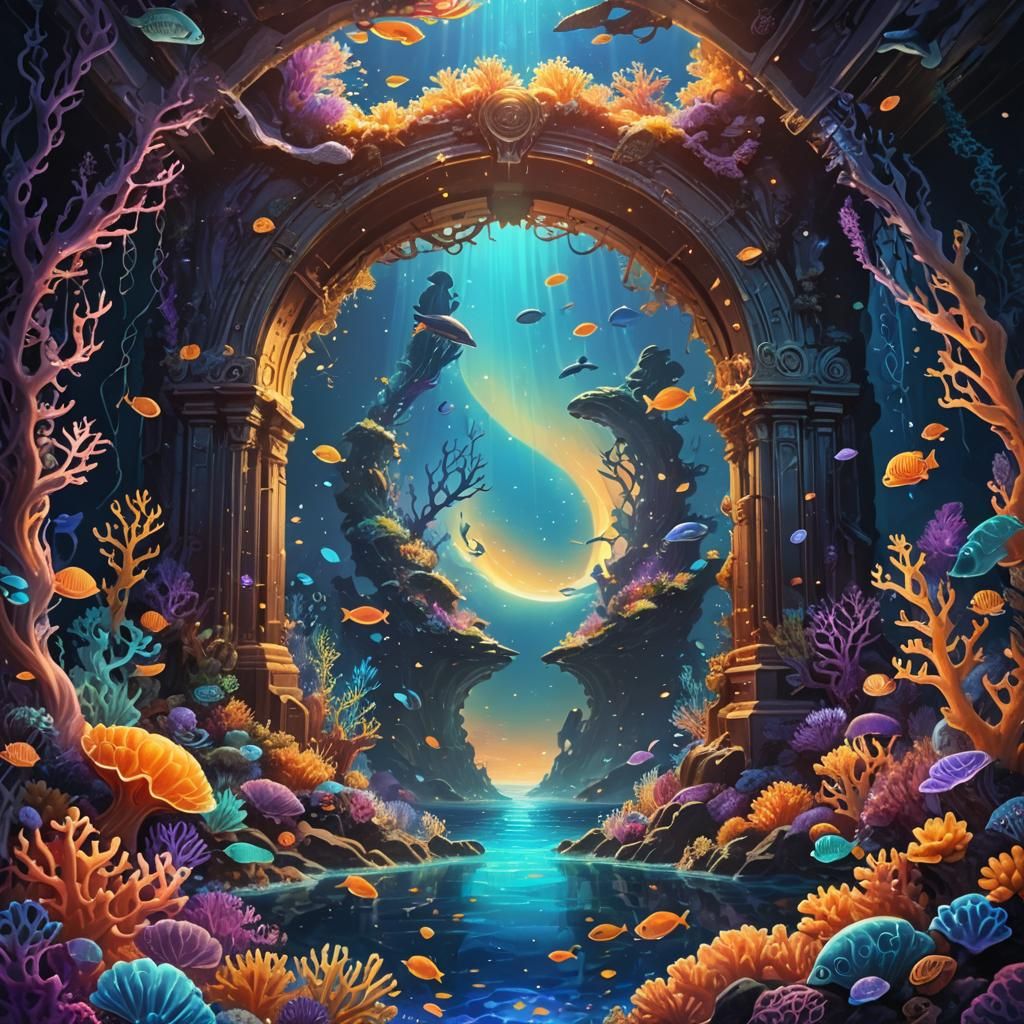 Underwater Portal with Bioluminescent Life: Fantasy Art