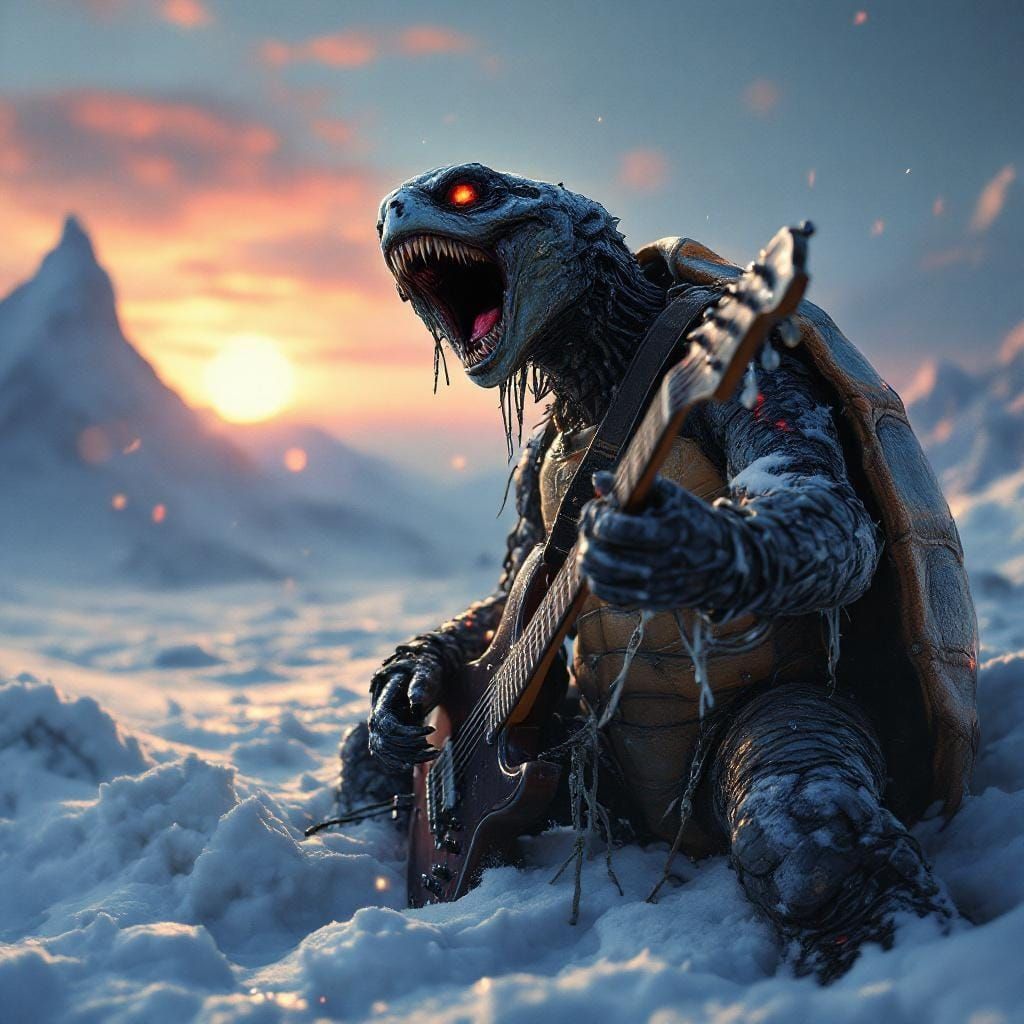 Singing Death Metal Turtle in Winter Landscape