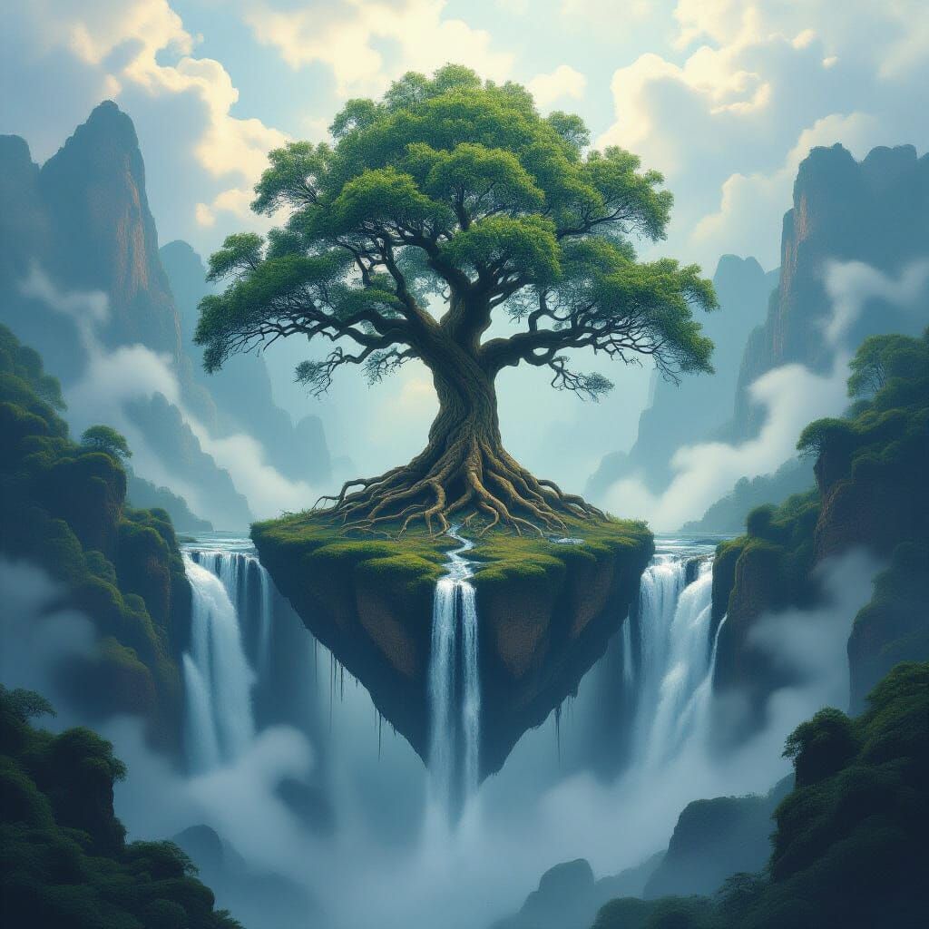 Floating Tree Waterfall in Dreamy, Ethereal Style
