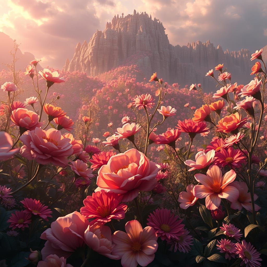 Surreal Florals in Vibrant Dreamlike Landscape