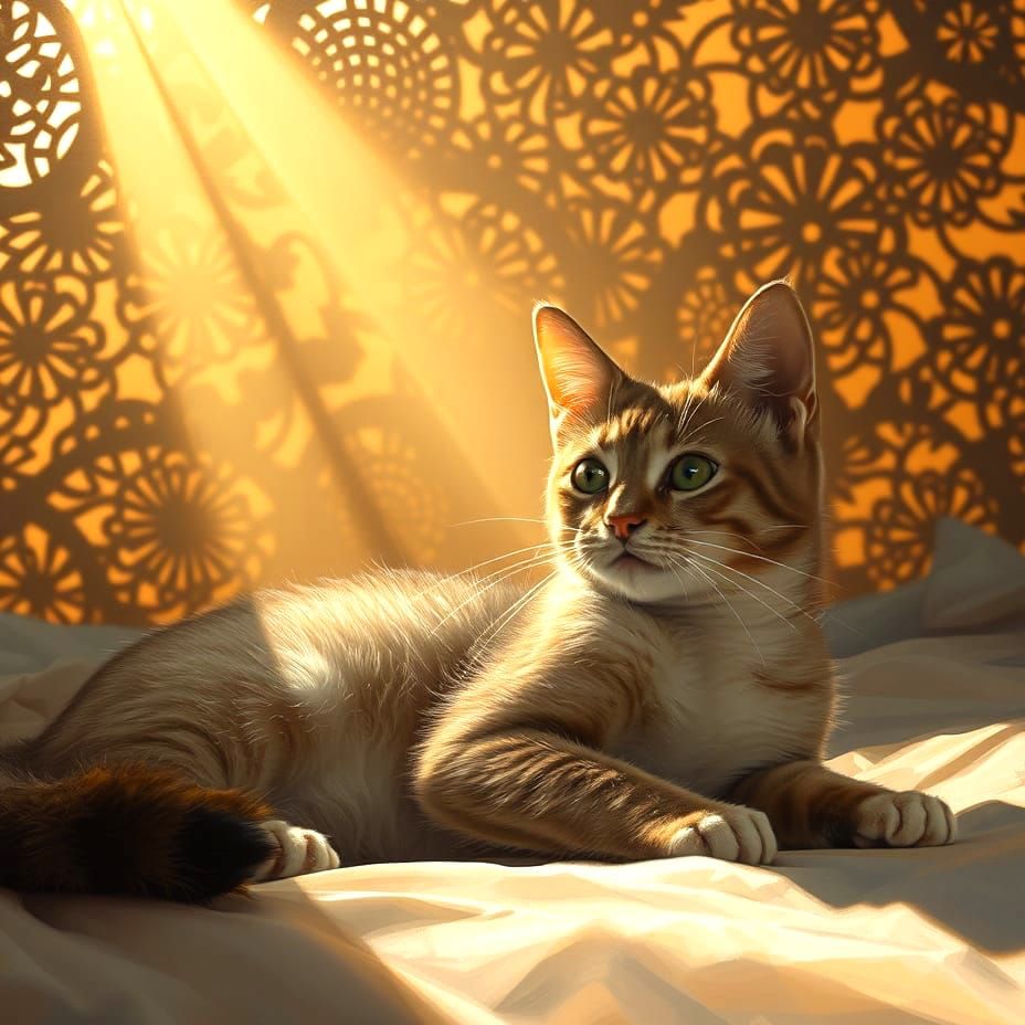 Cat in Sunbeams with Wayang Puppetry Backdrop
