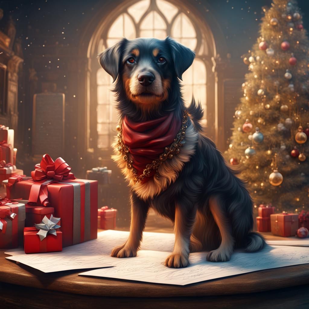 Festive Christmas Dog Matte Painting on Letters