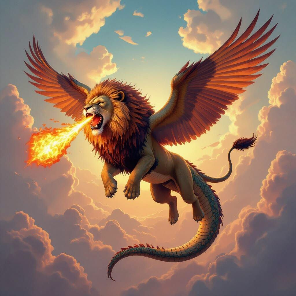 Majestic Lion Hybrid Creature Breathing Fire