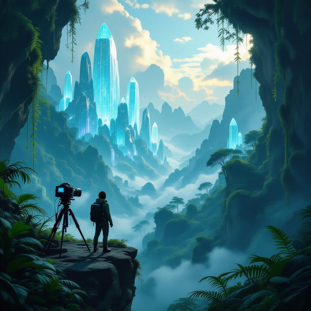 Explorer Overlooking Bioluminescent Alien Jungle: Cinematic ...
