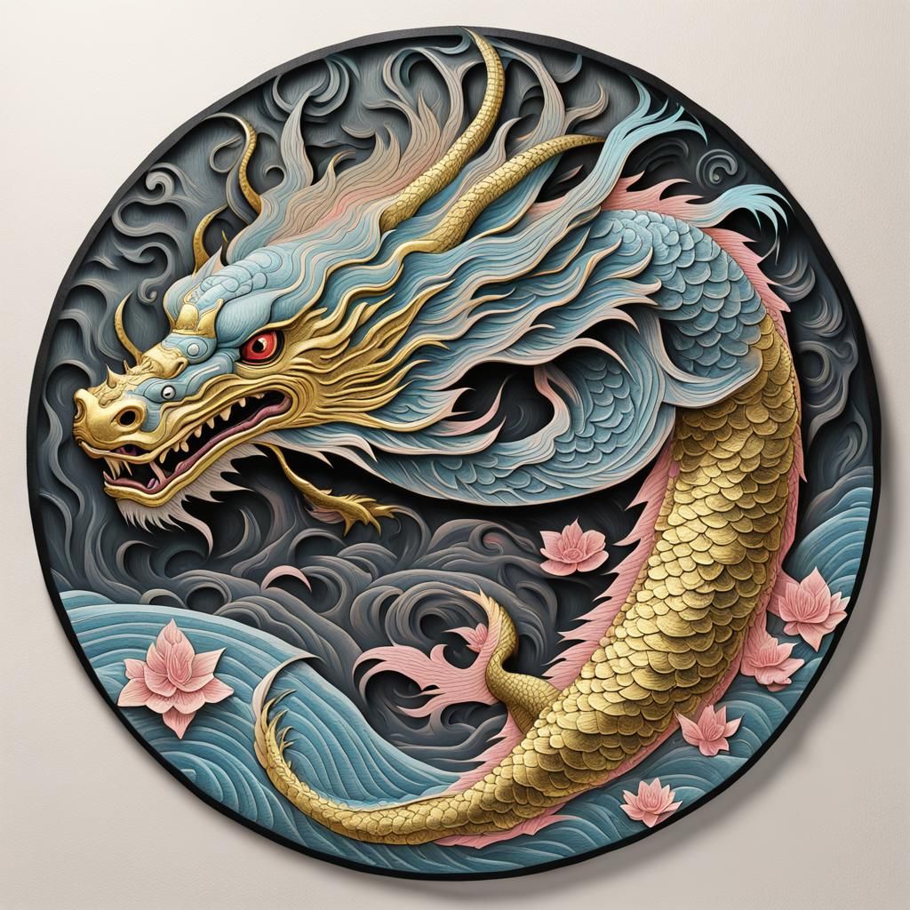 Dragon Woodblock Carving with Gold Plate Accents