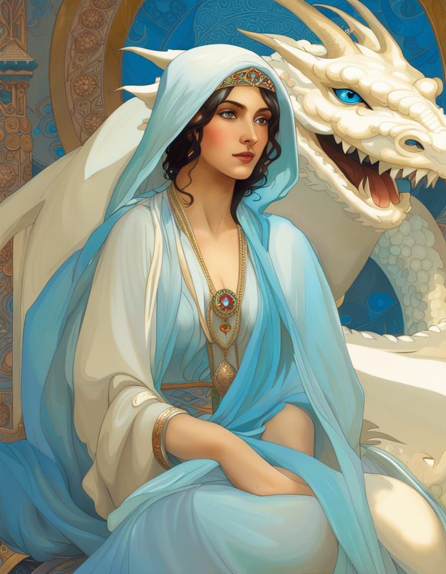 Arab Beauty Sundus with Snow-White Dragon in Art Deco Style