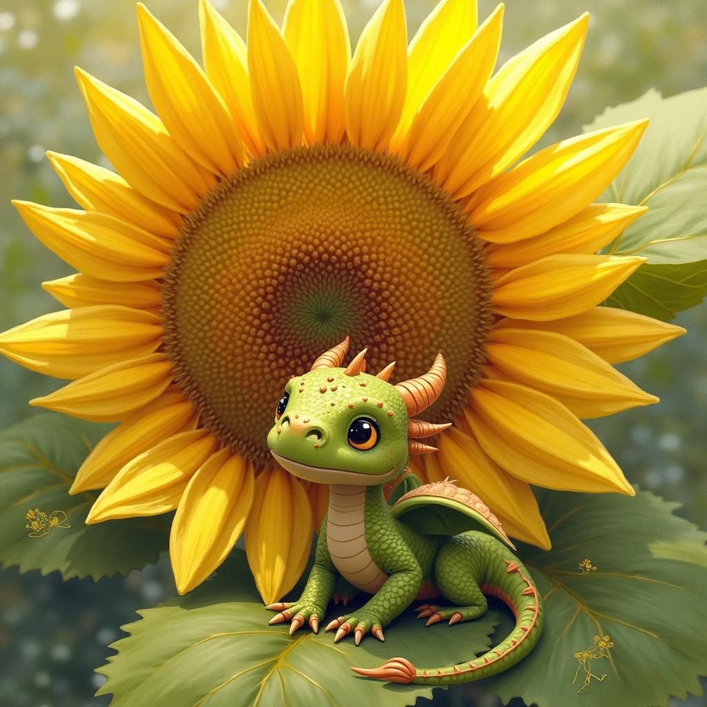 Dragon Resting Underneath Giant Sunflower, Impressionistic S...