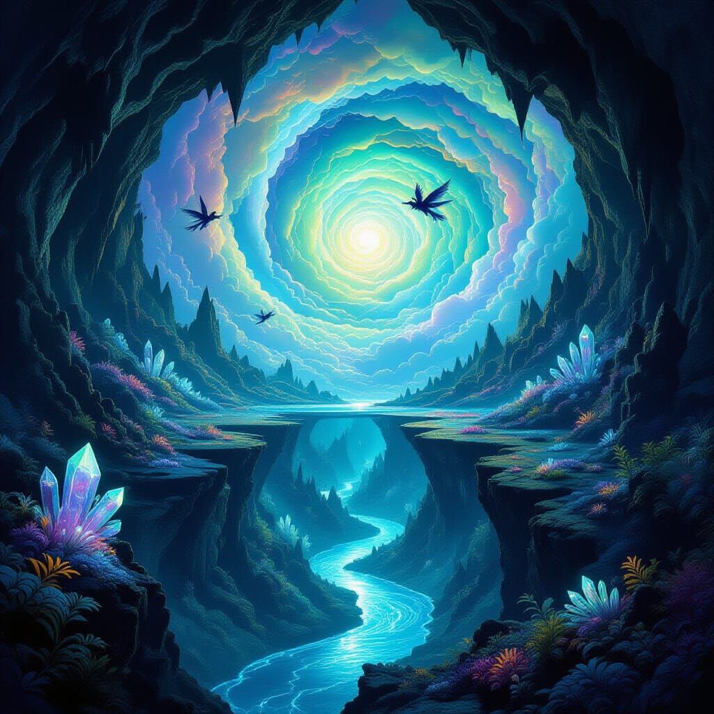 Alien Planet Cross-Section with Bioluminescent Flora