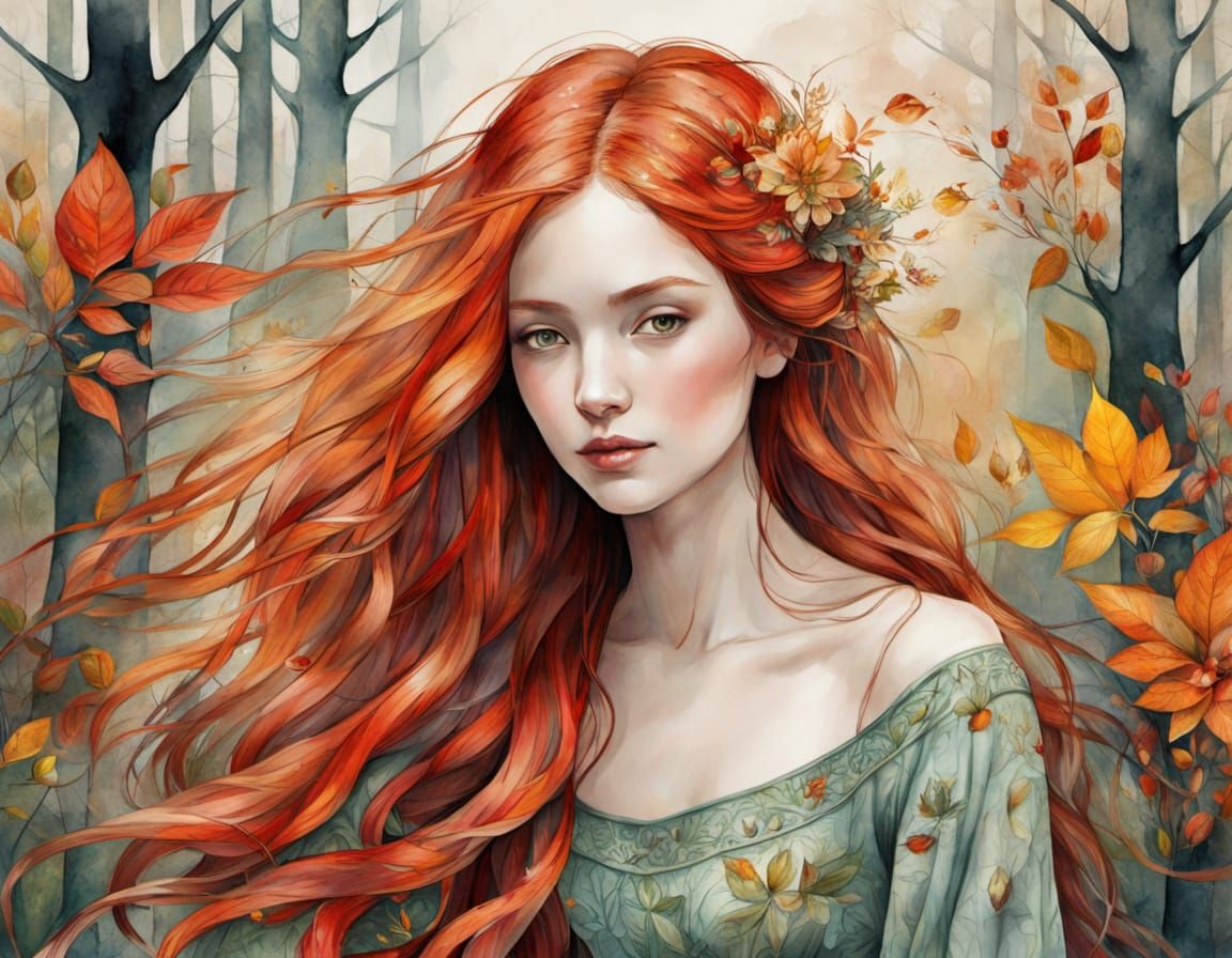 Autumn Forest Woman with Floral Dress