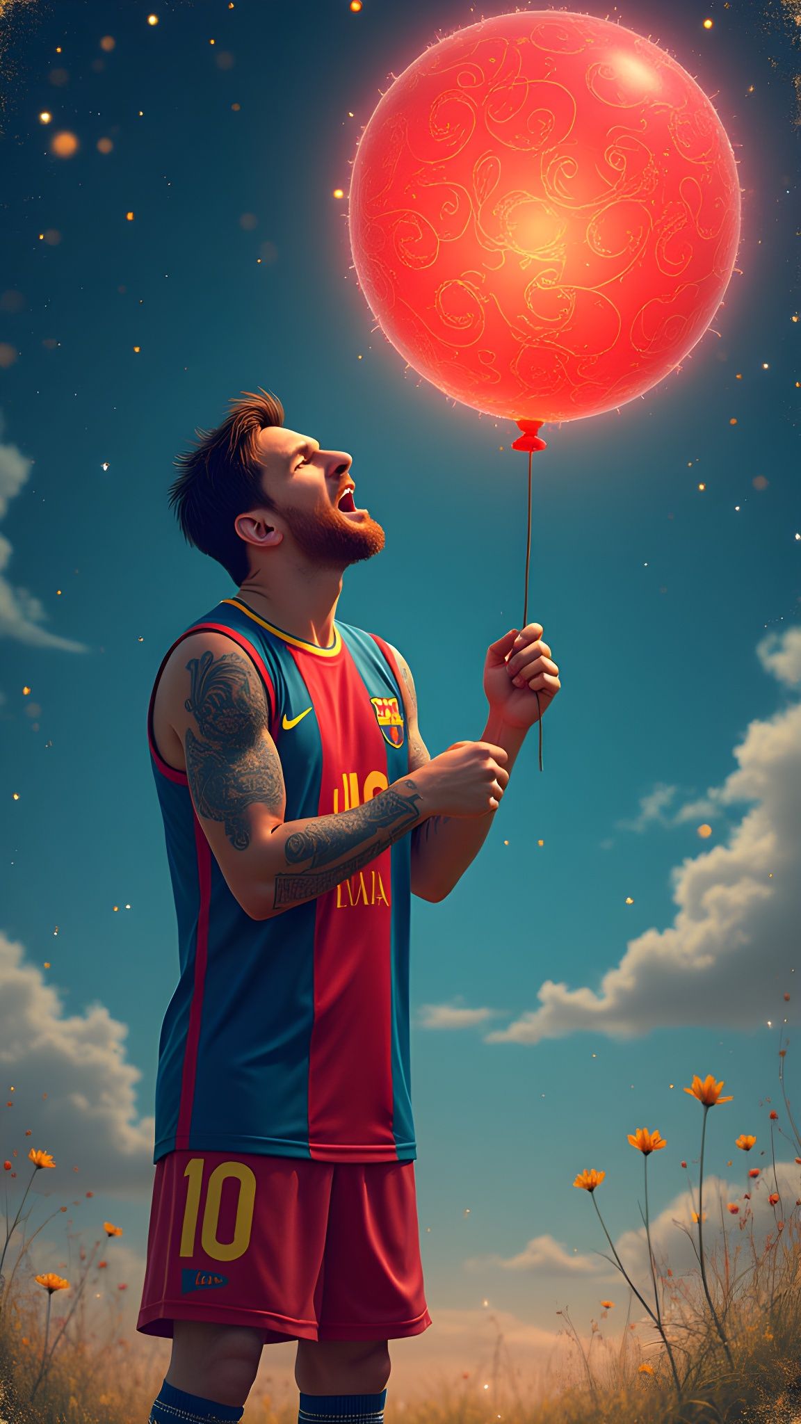 Messi Comically Inflates a Balloon, Digital Art
