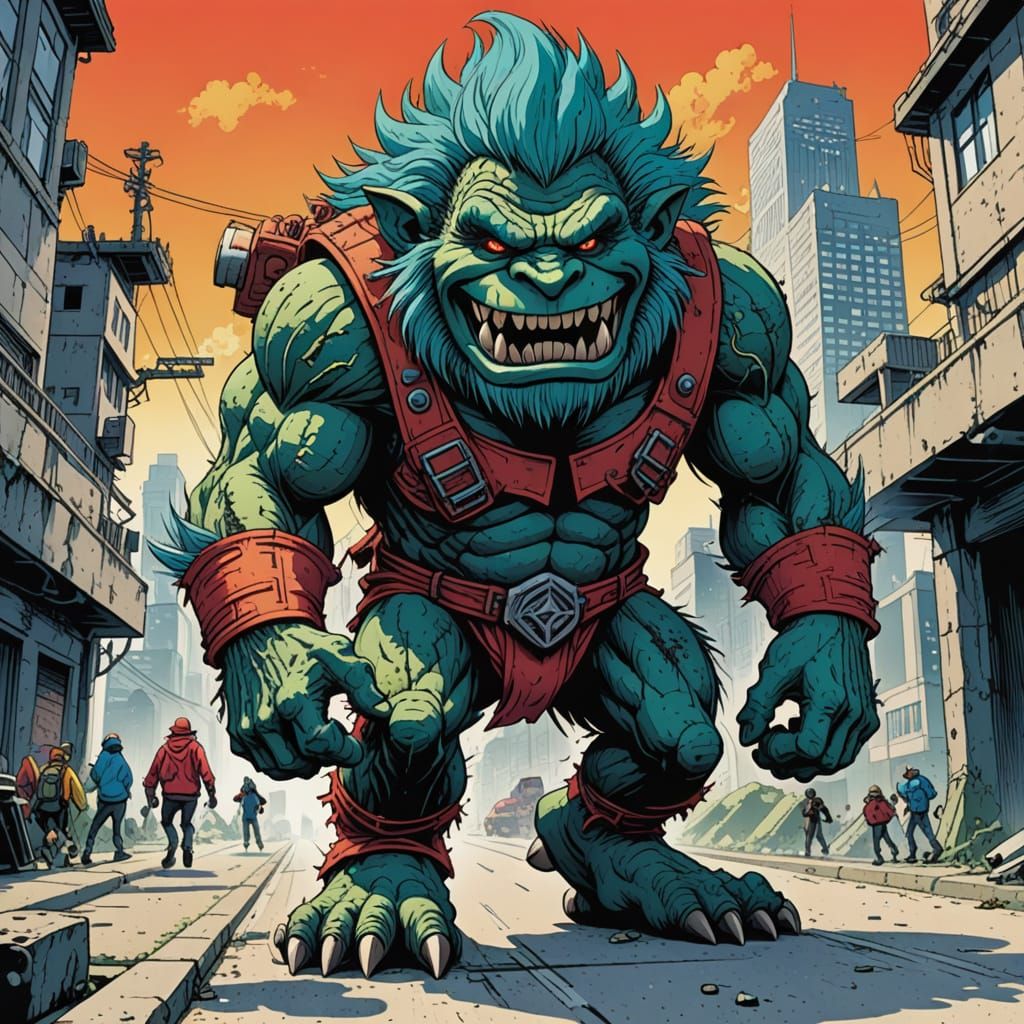 Giant Troll Toy Rampage in Manga Style