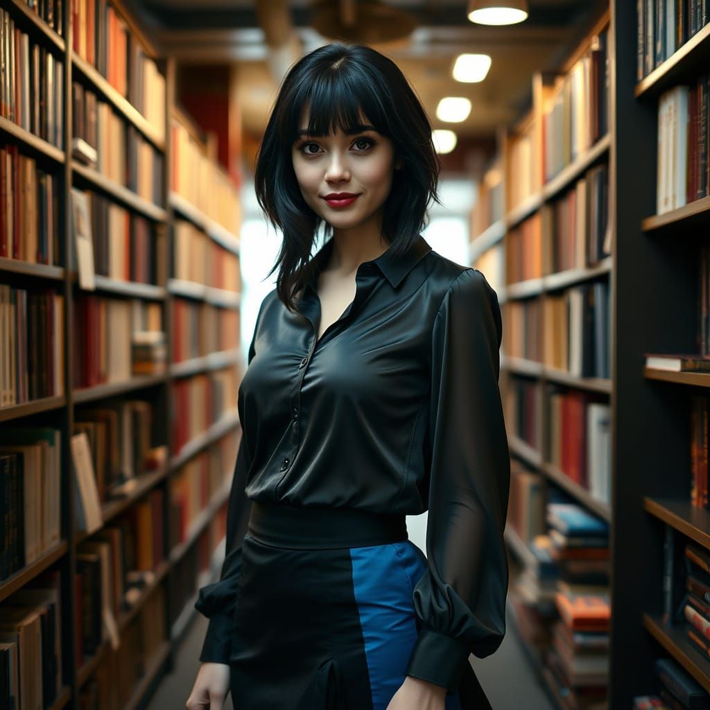 Gothic Woman Posing in Bookstore: Cinematic Film Still