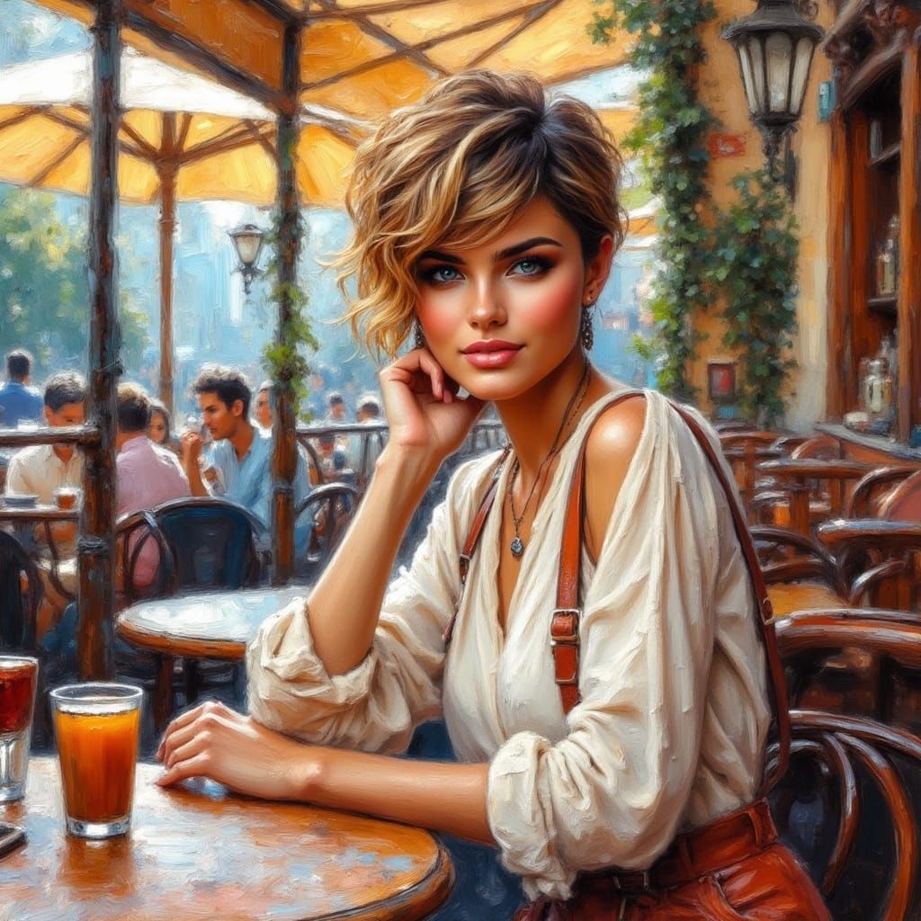 Stunning Italian Woman in French Cafe