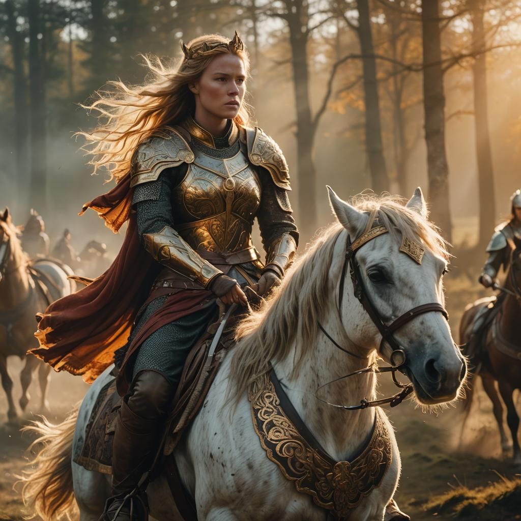 Valkyrie on Horseback in Golden Light