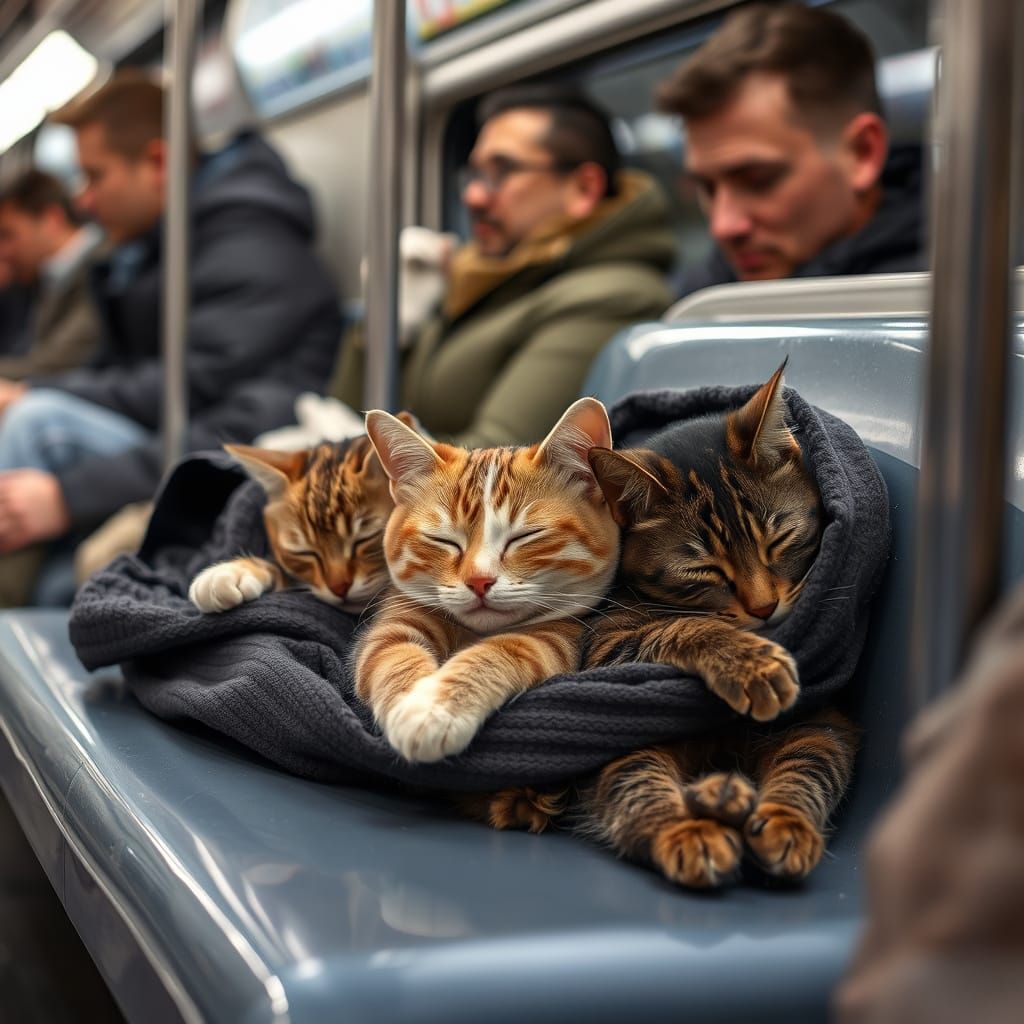 Serene Cats on the Subway, Captured in Soft Focus