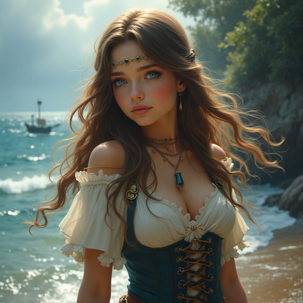 Mystical Pirate Woman on Fantasy Shore