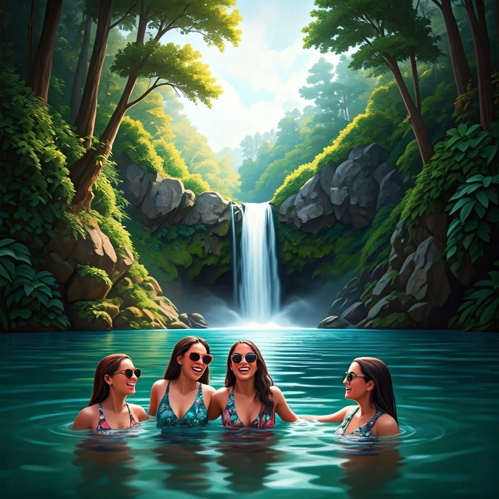 Vibrant Women Swim near Waterfall in Digital Painting