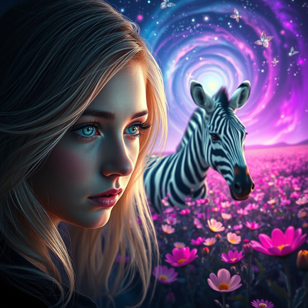 Girl, Zebra, Flowers in Dreamlike Digital Art