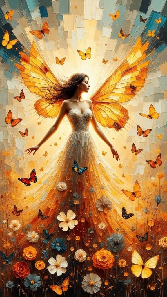 Woman with Butterfly Wings in Ethereal Impasto Style