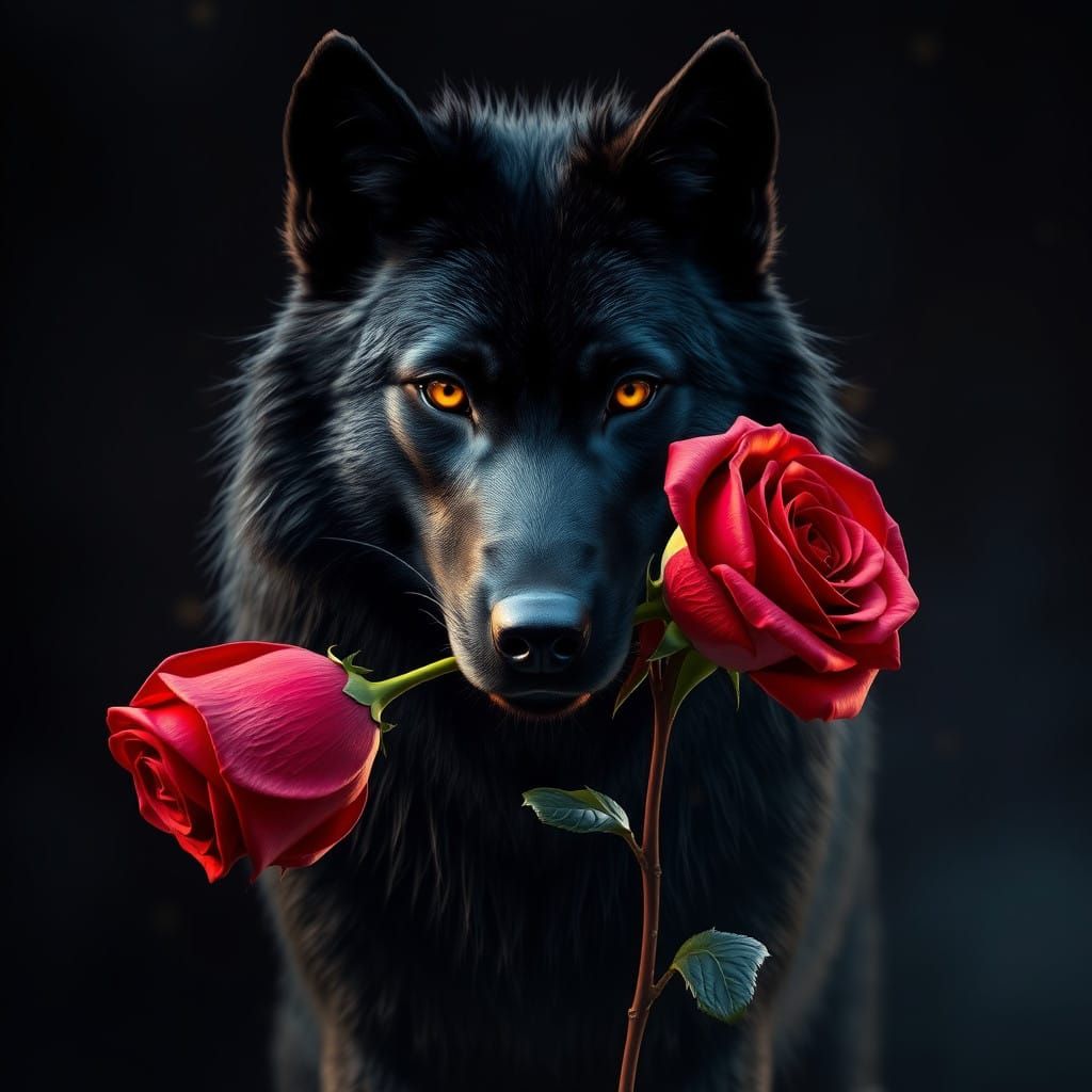 Regal Black Wolf with Rose in Mystical, Hyper-Realistic Styl...