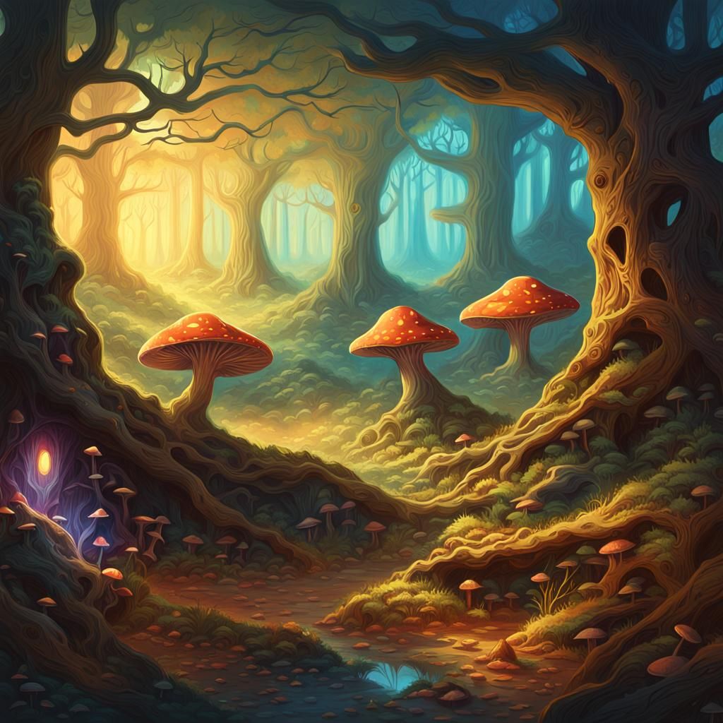 Mystical Valley Shelter in Vibrant Oil Painting