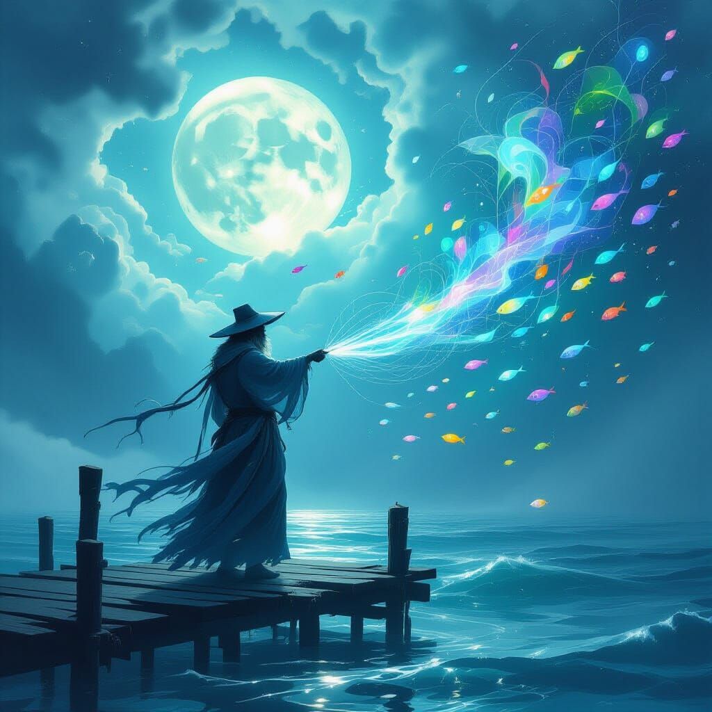 Spectral Fisherman Weaving Creative Energy Tapestry