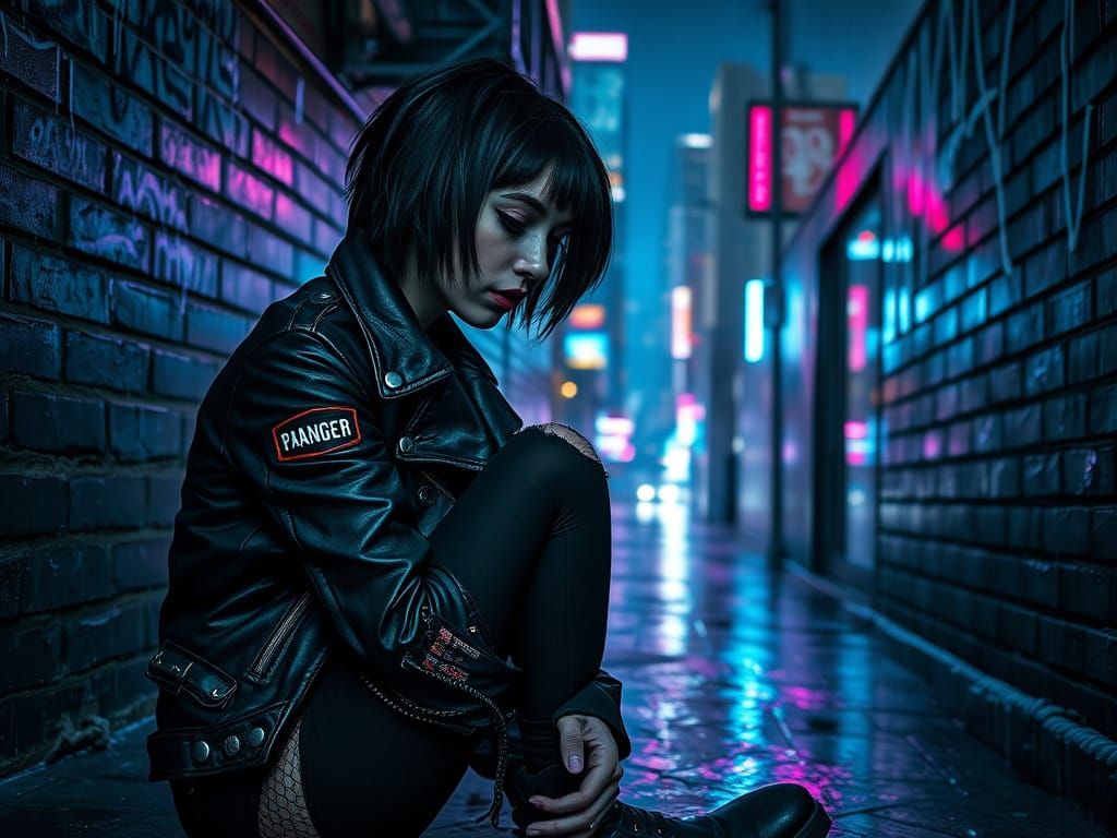 Cybernetic Emo Woman in Neon Alleyway