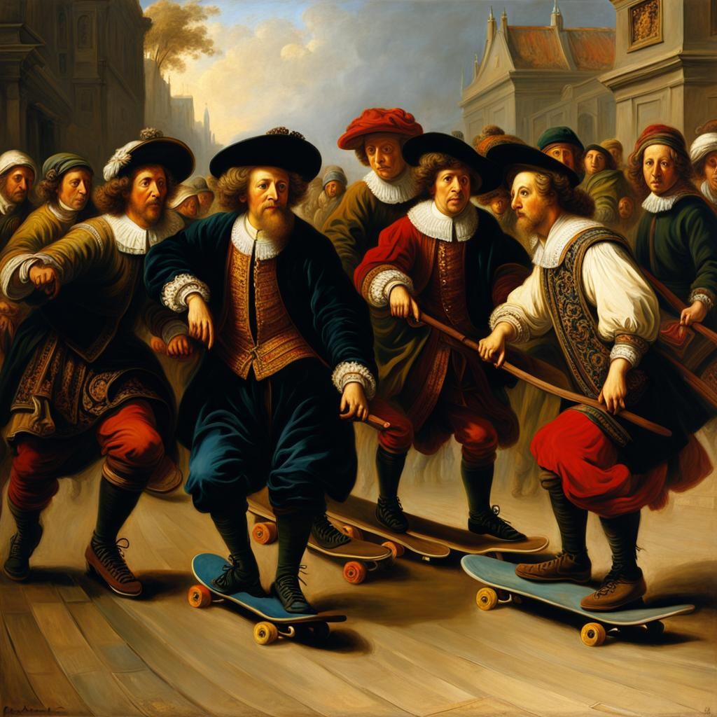Renaissance Skateboarders in Elegant Oil Paintings