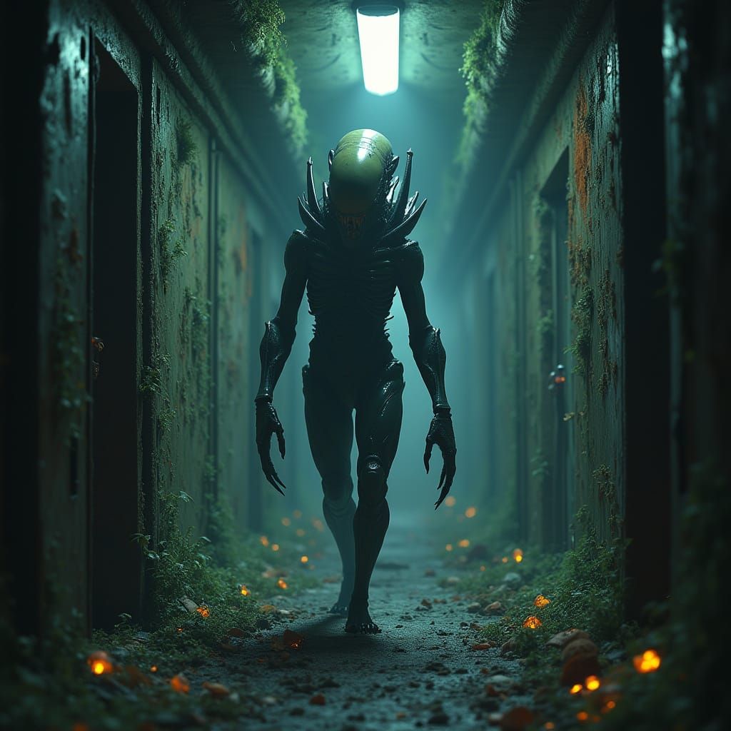 Alien Xenomorph in Derelict Spaceship Digital Painting