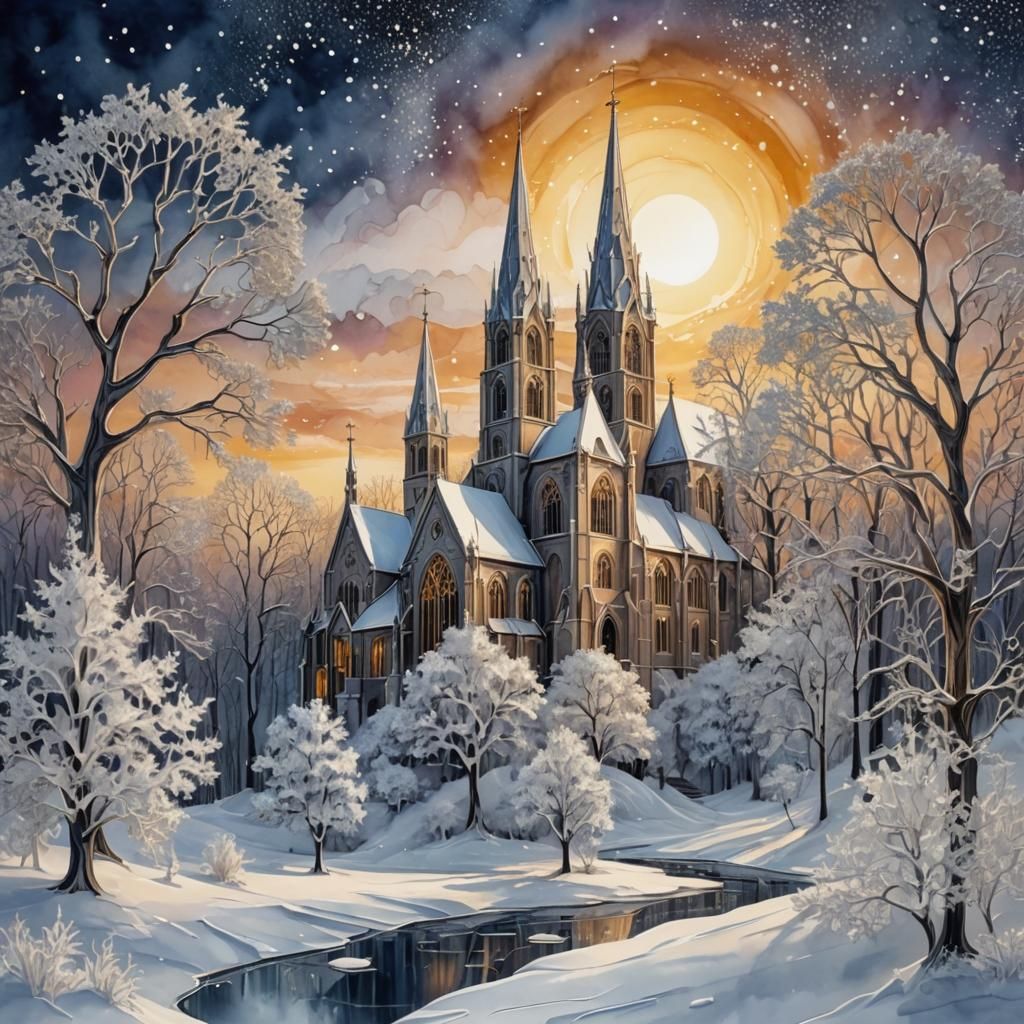 Icy Winter Landscape With Gothic Church at Sunset