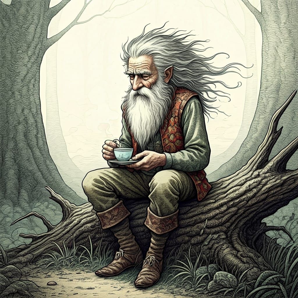 Whimsical Pen Sketch of Old Man Sipping Coffee