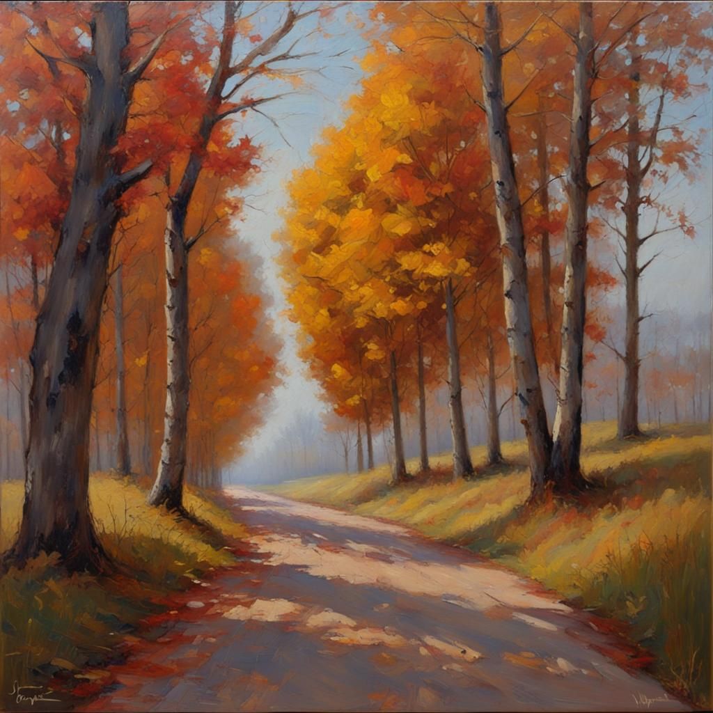 Autumn Lane Oil Painting in Realist Style