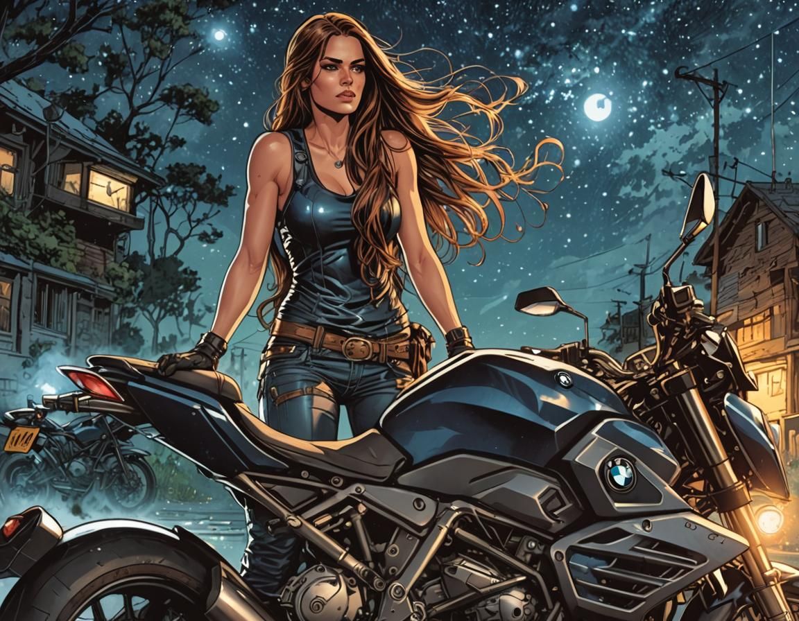 Motorcycle Girl in Starry Night Comic Art