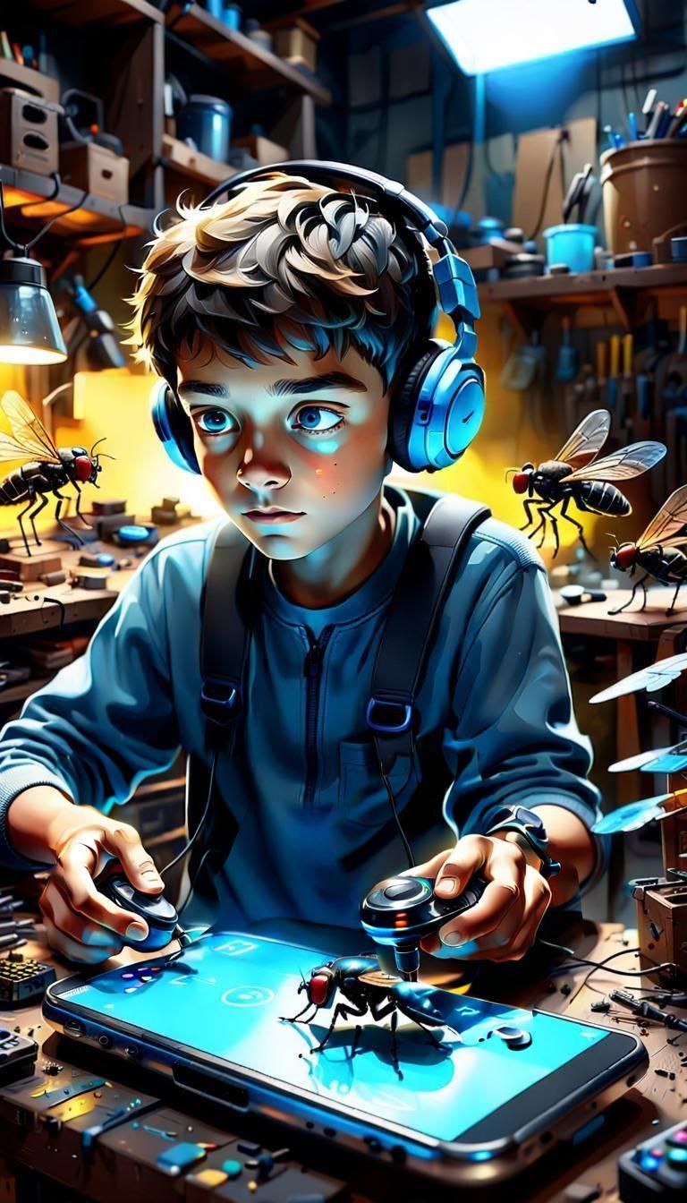 Boy Plays with Chrome Remote Control Housefly