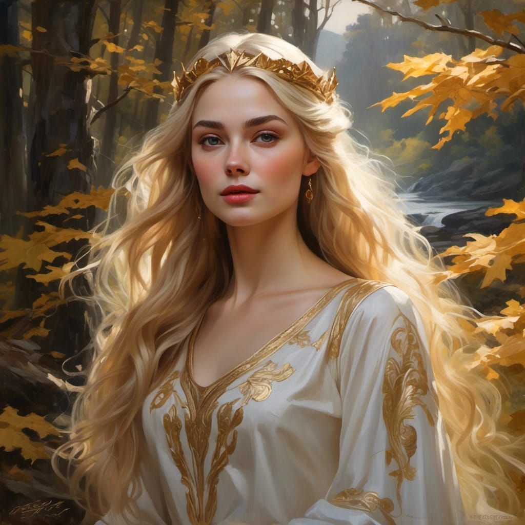 Galadriel Portrait with Golden Hair in Hyperrealism