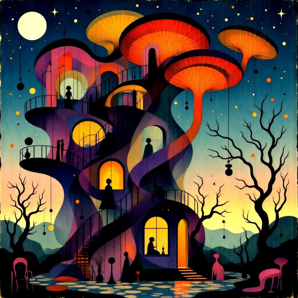Architectural fantasy of a towering gothic mushroom house at twilight.