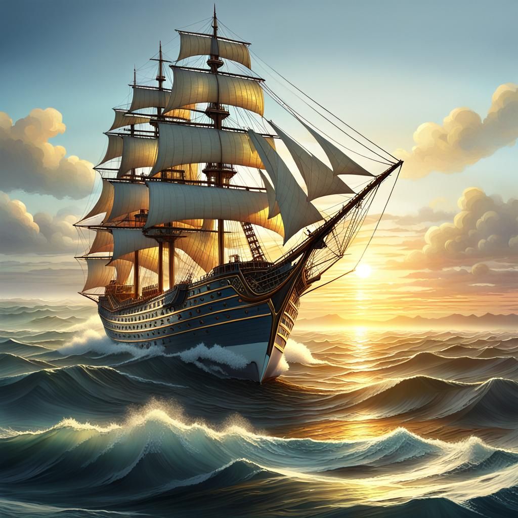 Sailing Ship at Sunrise in Detailed Fantasy Art
