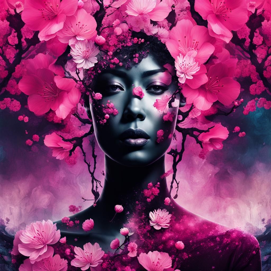 Surreal Cherry Blossom Portrait in Macabre Style