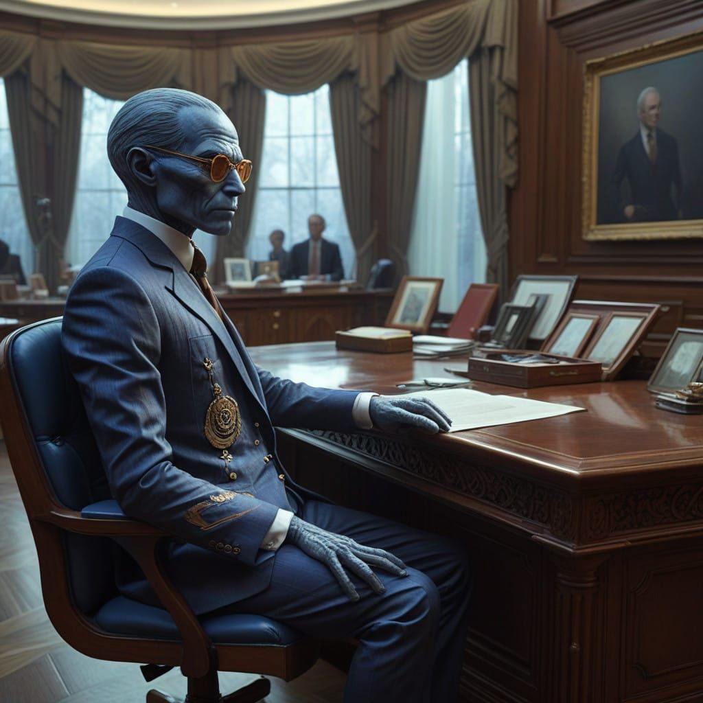 President with Reptilian Eyes Faces Alien in a Haunting Amer...