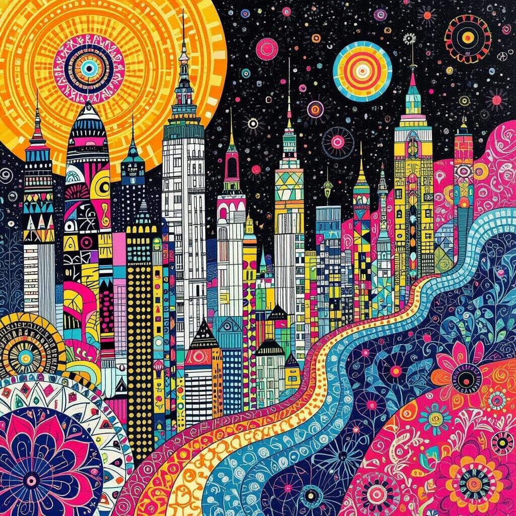 Vibrant Zentangle Cityscape with Fractal Designs
