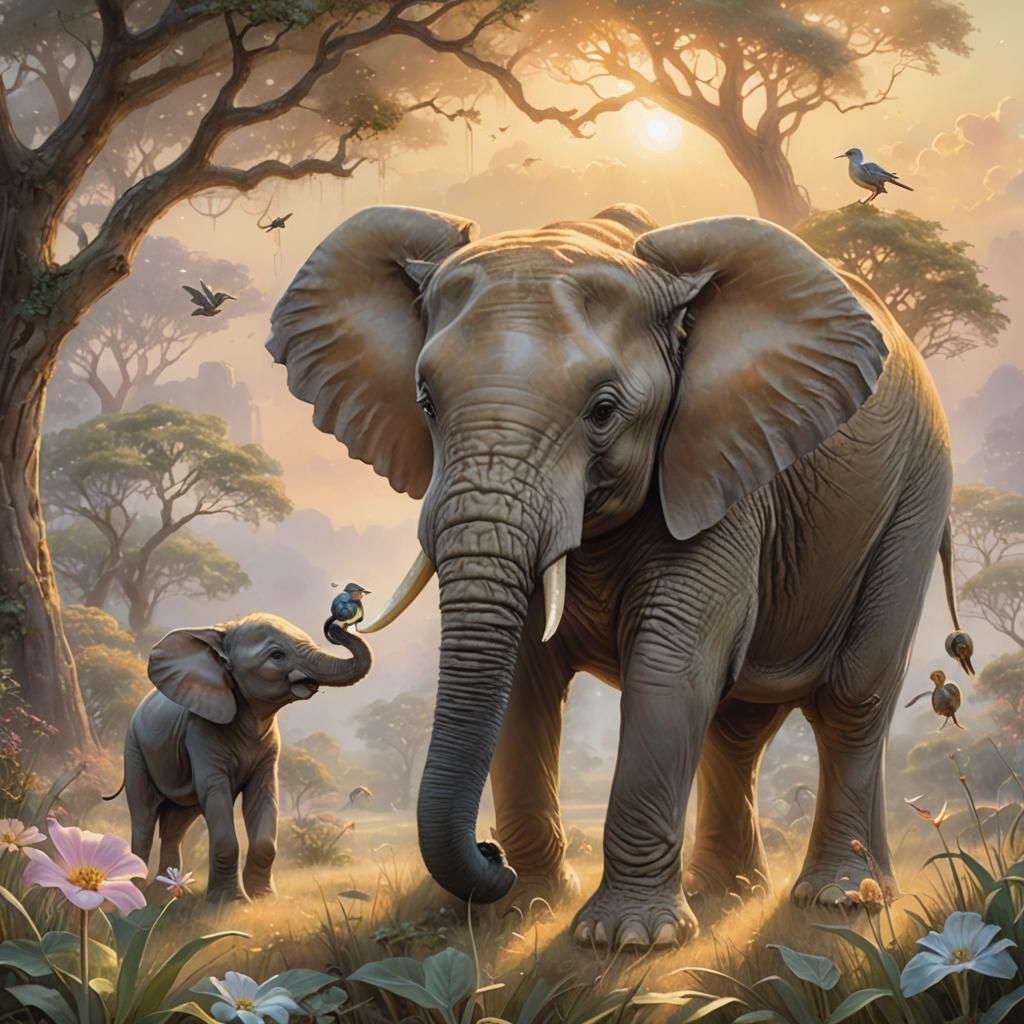 Elephant Rescue in Ethereal Fantasy Artwork