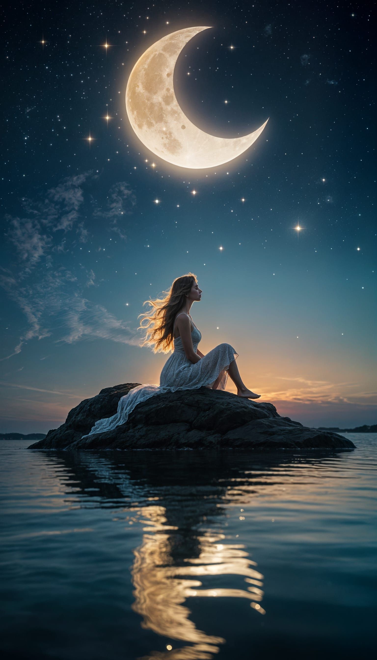 Surreal Moonlit Scene with Silhouetted Woman on Crescent Moo...