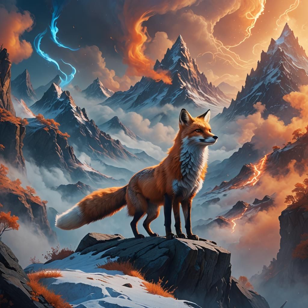 Mystical Nine-Tailed Fox on Mountain Peak