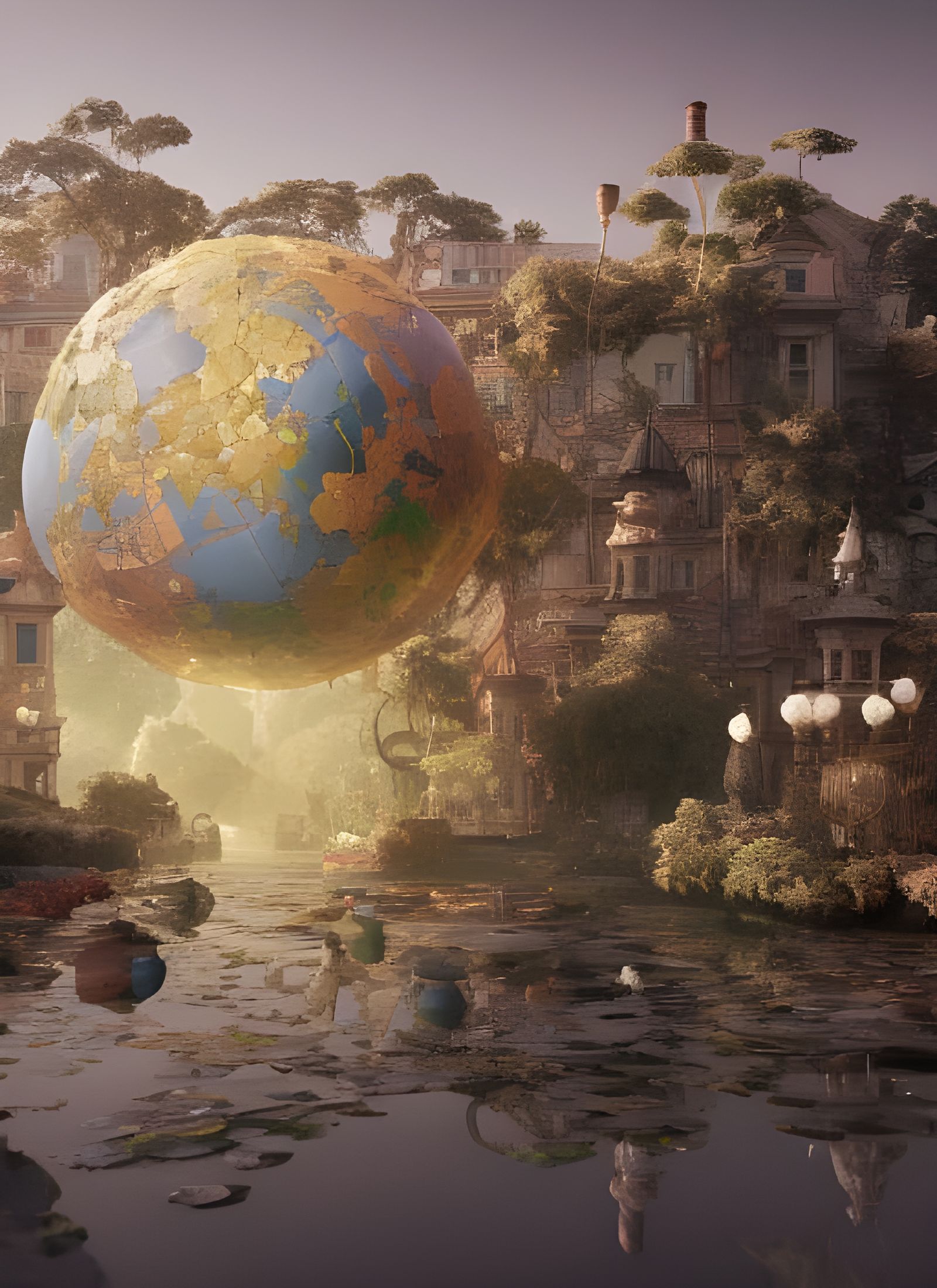 Mini-Planet Hovers Over Lagoon: Hyperrealistic Digital Art