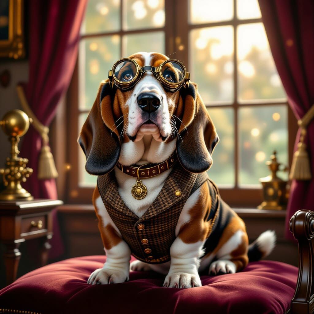 Steampunk Basset Hound in Victorian Study Oil Painting
